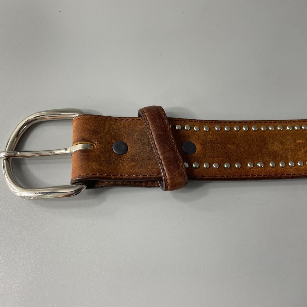 Tony Lama Brown Leather Silver-tone Studded Belt, Size 38 - Picture 11 of 13